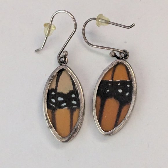 Artisan Monarch Butterfly Wing 925 Sterling Silver Dangle Drop Pierced Earrings - Picture 2 of 4